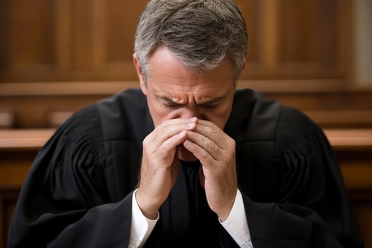 A judge is sitting in a courtroom with his hands on his face photo