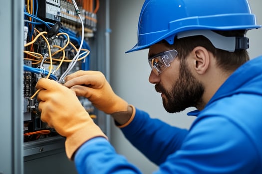 A man in a hard hat and safety glasses working on an electrical panel photo