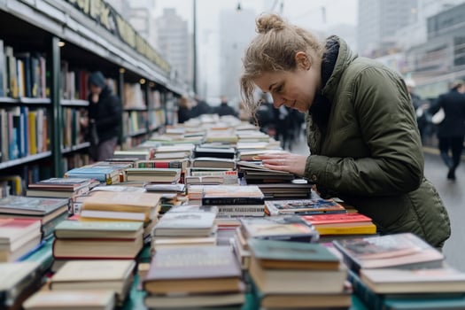 A woman is looking at books at a book fair photo