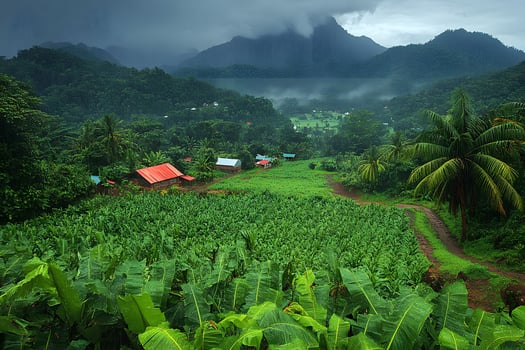 Tropical Rainforest Village Landscape with Lush Greenery and Mountains photo