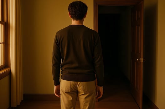 Man facing open doorway in dimly lit hallway photo