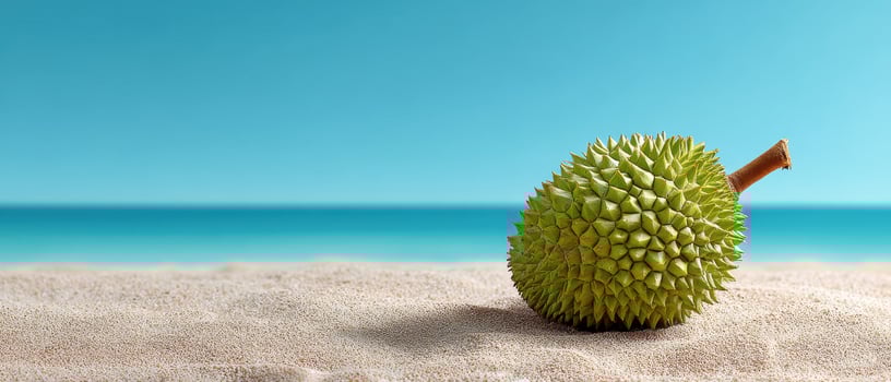 Tasting unique durian fruit on tropical beach relaxing seaside environment vibrant natural beauty photo