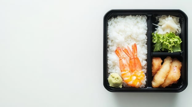 Bento snack box, rice tempura, isolated white background photo