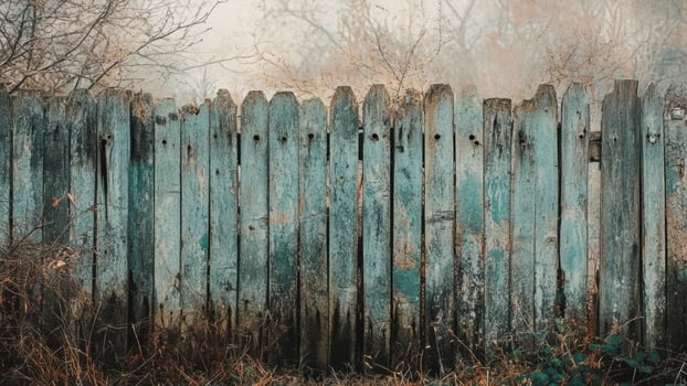 Old, Weathered, Blue Wooden Fence With a Misty Background of Trees photo