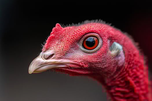 A close up of a turkey's head with a red eye photo