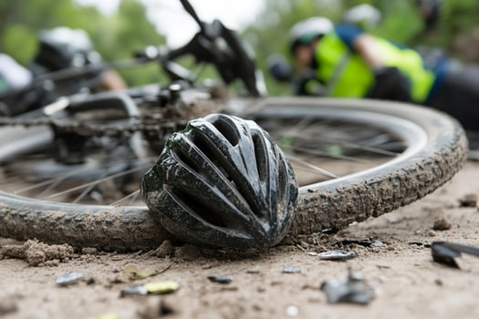 A bicycle and helmet laying on the ground photo