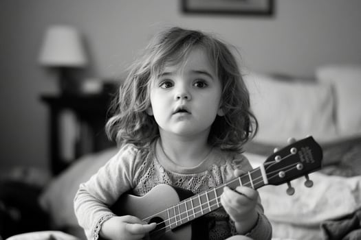 A little girl playing an ukulete in a bedroom photo