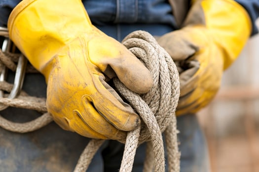 A man in a blue shirt and yellow gloves holding a rope photo
