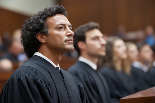 A judge sitting in a courtroom with other people photo