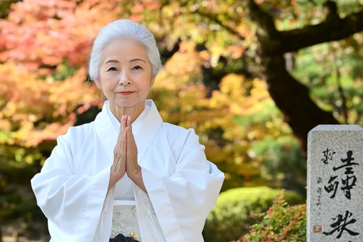 An older woman in a white robe is standing in front of a sign photo