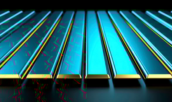 Metallic Surface with Blue and Gold Color Contrast, Reflective Bars Aligned in Perspective, Modern Abstract Background for Design Projects photo
