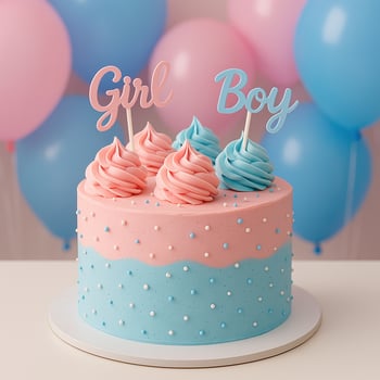Gender Reveal Cake with Pink and Blue Frosting and Festive Balloons Celebrating Baby Announcement photo