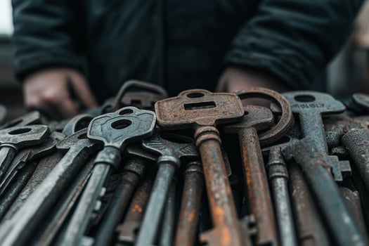 A person standing in front of a pile of old keys photo