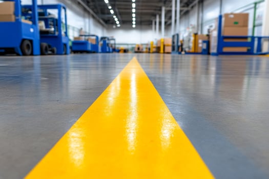 A yellow line on the floor of a warehouse photo