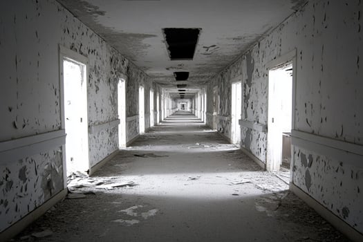 A long hallway with a light shining through the windows photo