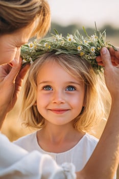 Young Girl Smiling with Wildflower Wreath in Sunny Field photo