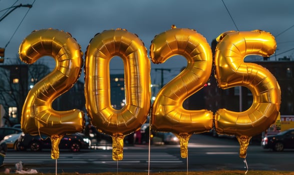 Golden balloon digits 2025 against city background photo