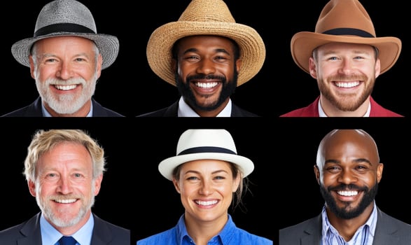 A Diverse Group of Six Smiling Men Wearing Various Hats Against a Black Background Showcasing Confidence, Joy, and Friendly Charm photo