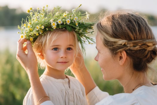Mother Gently Placing Wildflower Wreath on Child's Head photo