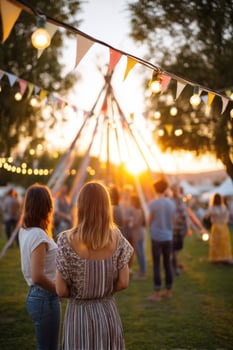 Women attending midsummer party at sunset with maypole and string lights photo