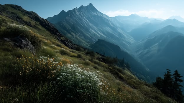 A mountain range with grass and flowers photo