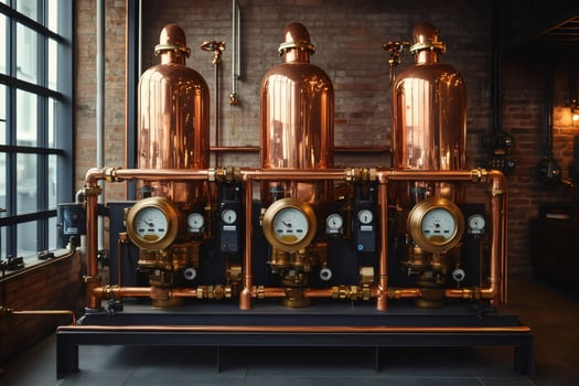 Copper distillation tanks and gauges measuring alcohol content in distillery photo