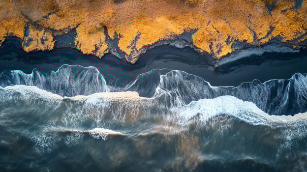 Ocean waves crashing on black sand beach at sunset, aerial view photo