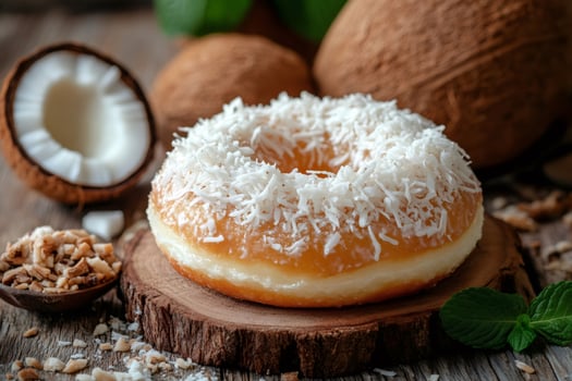 Delicious coconut donut resting on wooden surface with fresh mint photo