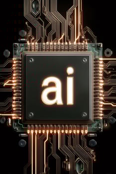 Artificial intelligence chip glowing on circuit board photo