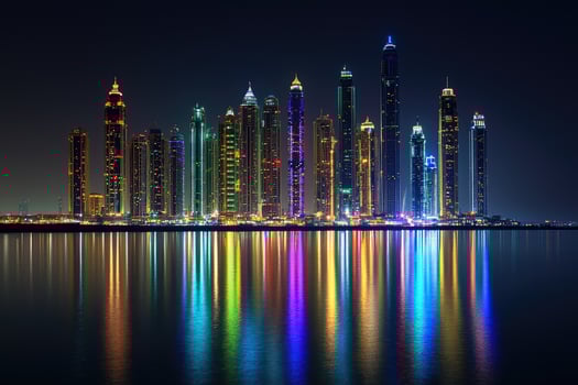 Dubai marina skyline reflecting at night with illuminated skyscrapers photo