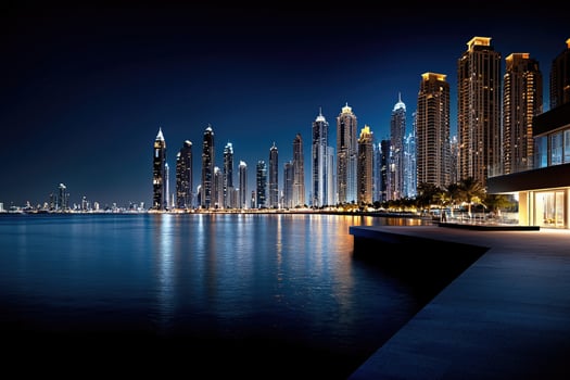 Dubai marina skyline reflecting at night in the water photo