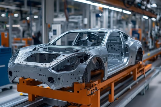 Car body moving along assembly line in modern automobile factory.. photo