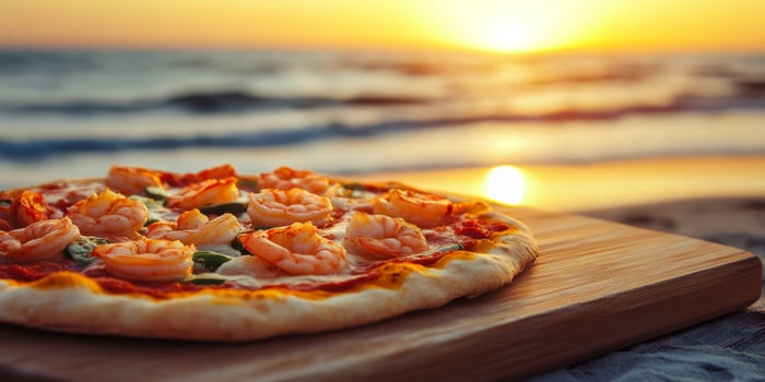 Sunset beach dining with shrimp pizza and ocean waves creating a serene culinary experience photo