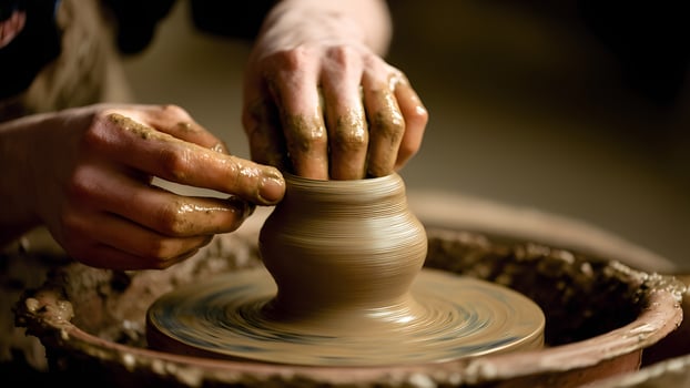 A person is making a pottery vase on a potter's wheel photo