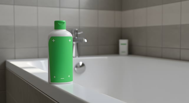 Minimalist bathroom scene featuring a green lotion bottle on the bathtub rim photo