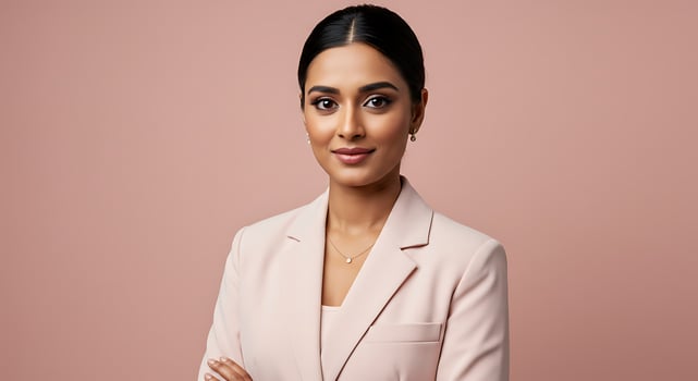 A woman in a pink suit and white shirt photo