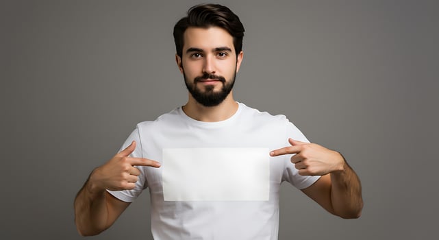 Man with a white t - shirt pointing at blank screen photo