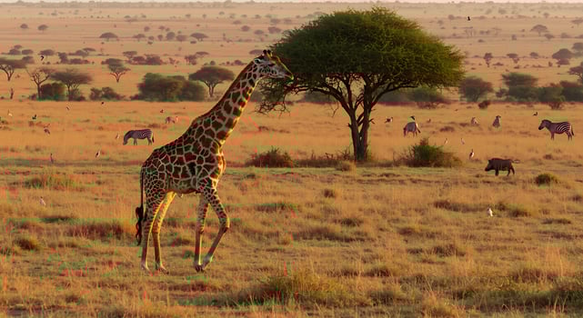 A giraffe walking in the grass photo