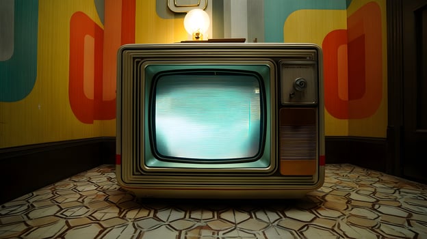 Retro television set with static screen and colorful background in a vintage style room photo