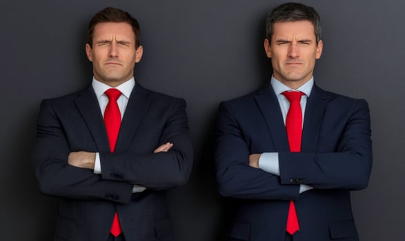 Confident Business Partners Staring Forward in Formal Attire with Red Ties on Dark Background Representing Ambition and Determination in Corporate Culture photo
