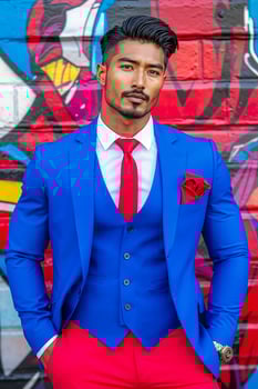 A man in a blue suit and red tie standing in front of a graffiti wall photo