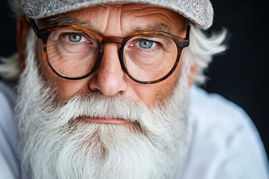 A man with a white beard wearing glasses and a hat photo