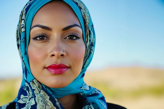 A woman wearing a blue headscarf in the desert photo
