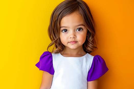 A little girl in a white and purple dress posing for a picture photo