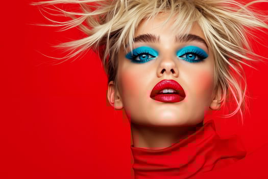 A woman with blonde hair and blue eyes wearing a red top photo