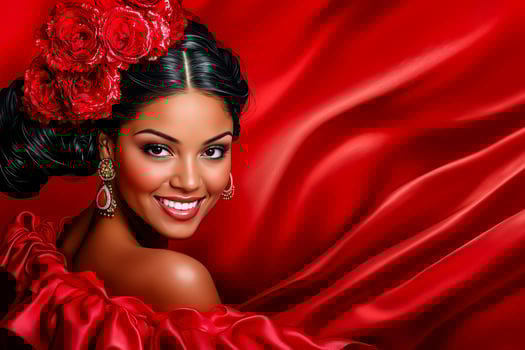 A woman in a red dress with a flower in her hair photo