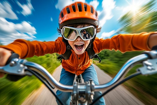 A young boy wearing a helmet and goggles riding a bike photo
