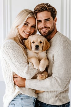 A man and woman holding a puppy in their arms photo