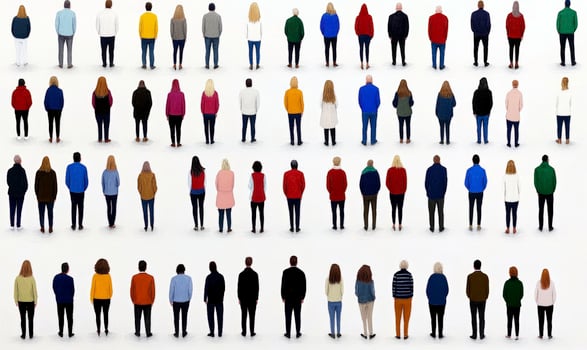 Diverse Group of People Standing Together in a Minimalist Setting, Representing Unity, Inclusivity, and Community Spirit in Various Attire Styles photo