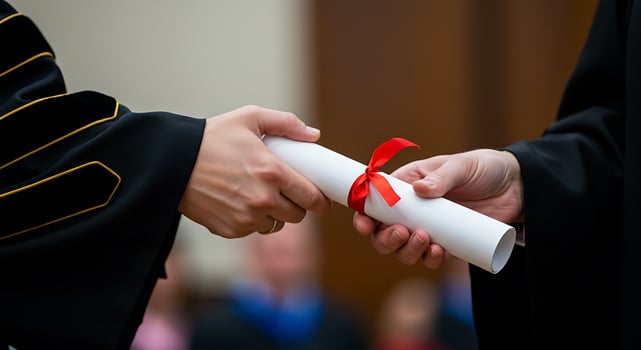 Close-Up Hand Receiving Rolled Diploma Scroll photo